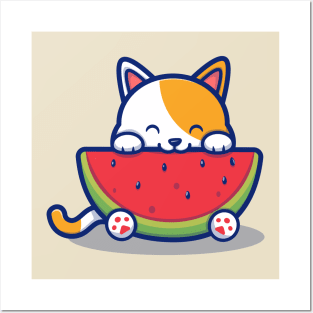 Cute Cat Eating Watermelon Posters and Art